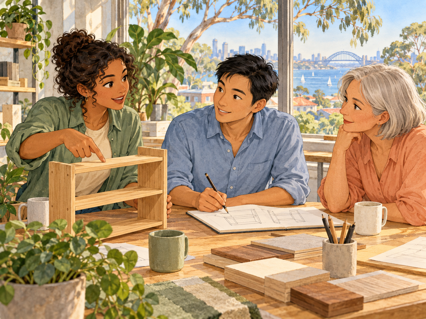 Three coworkers collaborate at a sunlit worktable: a woman in green points to a wooden shelf model, a man in blue sketches it, and an older woman in peach listens.