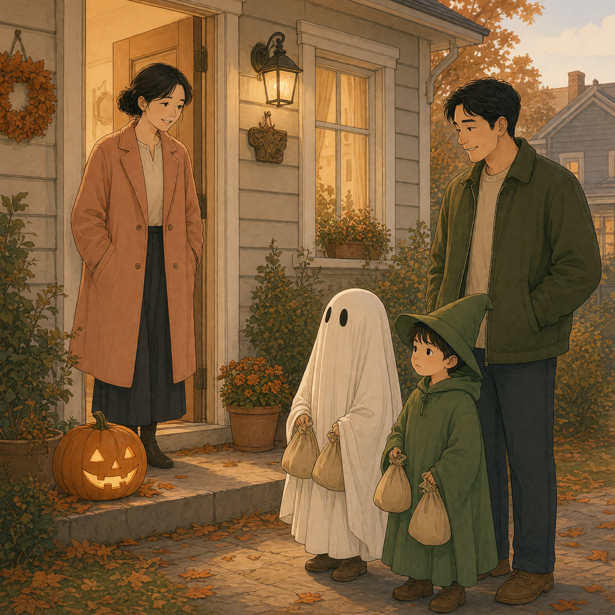 An adult in a rust coat stands in a warm doorway with both hands in the pockets while two children in a ghost costume and a green pointed hat hold candy bags beside a glowing jack-o-lantern.