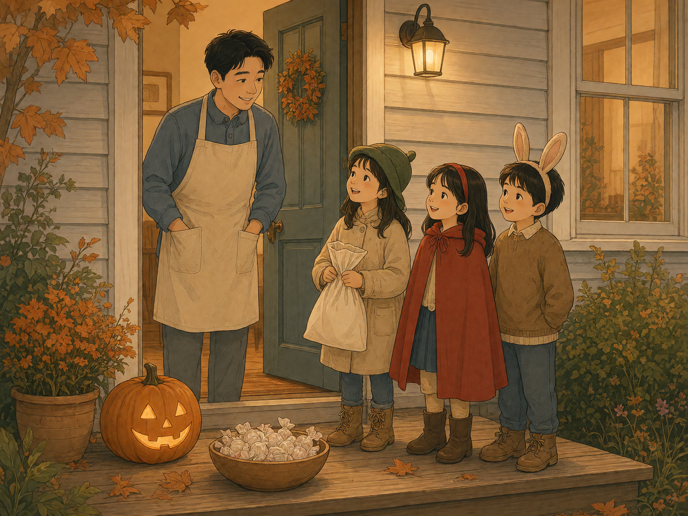 Three children in simple costumes stand on a wooden porch with candy bags while an adult in an apron keeps both hands in the pockets, next to a glowing jack-o-lantern and a bowl of candy.