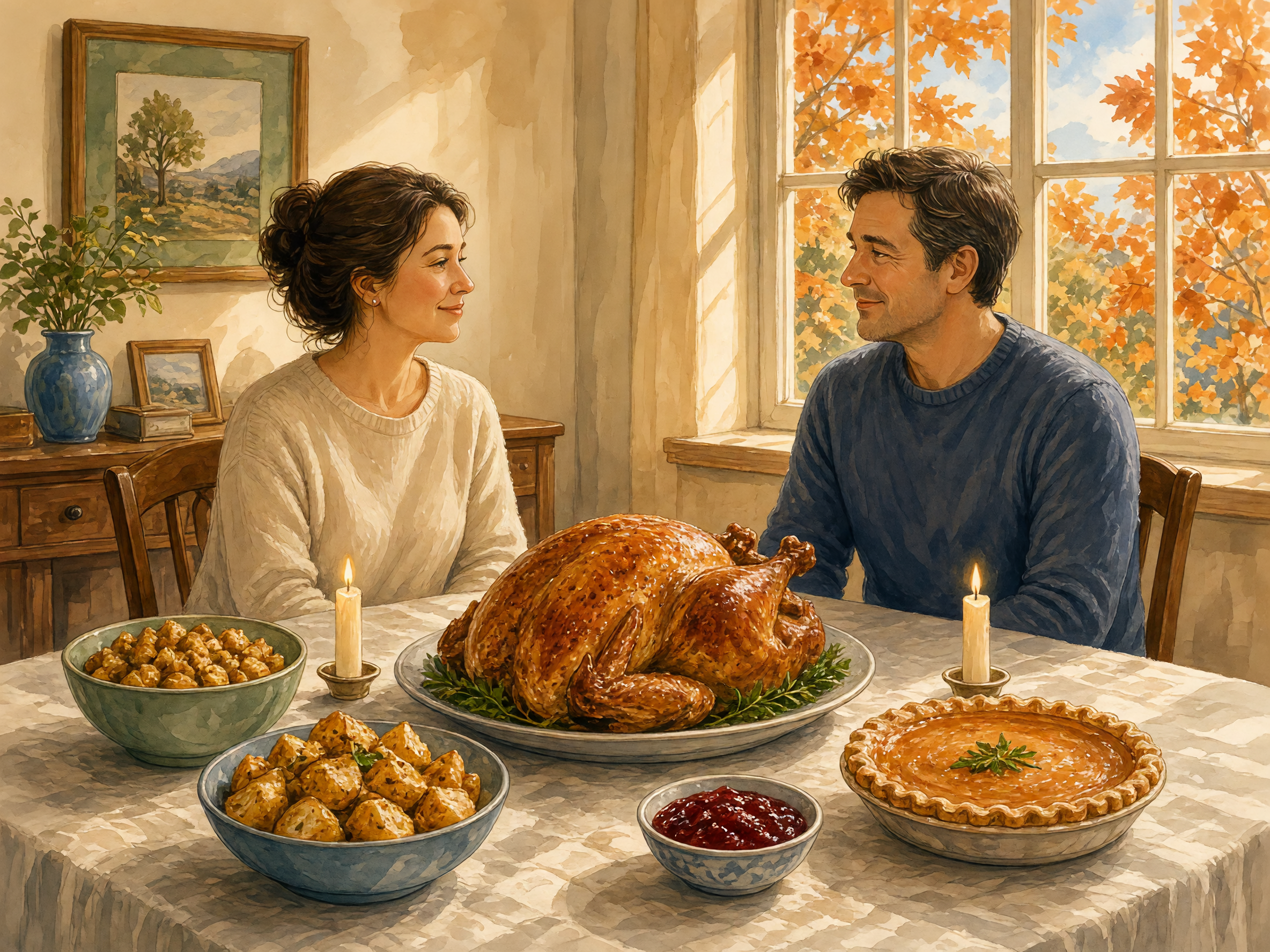 Two adults sit at a bright harvest table with roast turkey, bread stuffing, potatoes, cranberry sauce, and pumpkin pie, their hands below the table.
