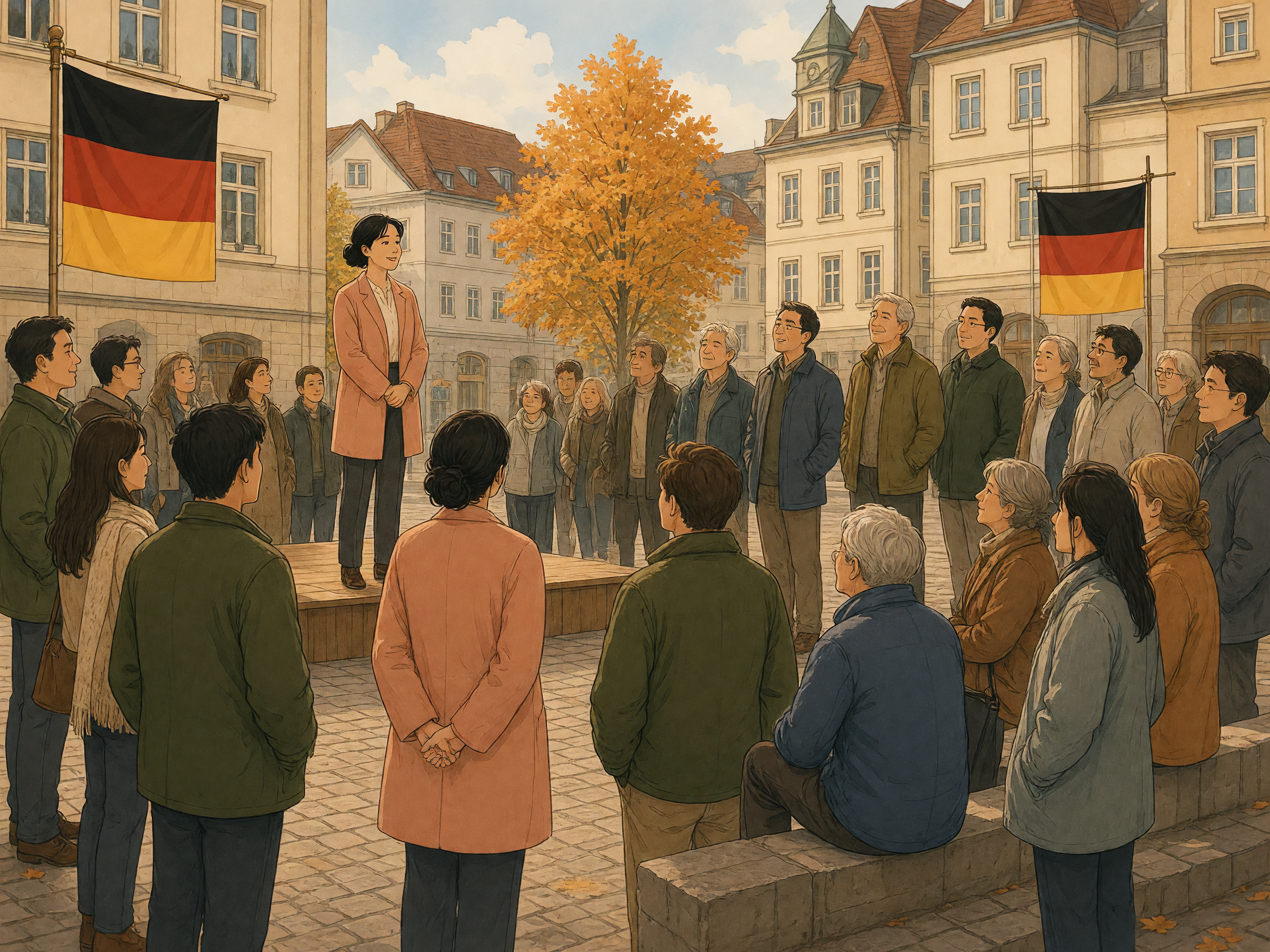 Adults gather in an autumn town square to hear a speaker, with black, red, and gold flags on the buildings and their hands in pockets.