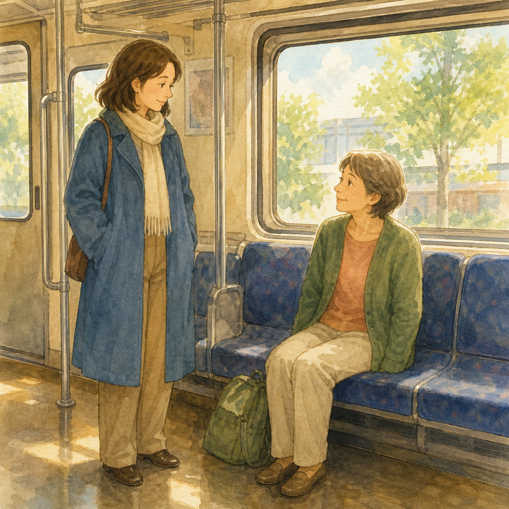 Two adults share a sunlit train carriage while a backpack rests beside a seat, leaving clear space between them.