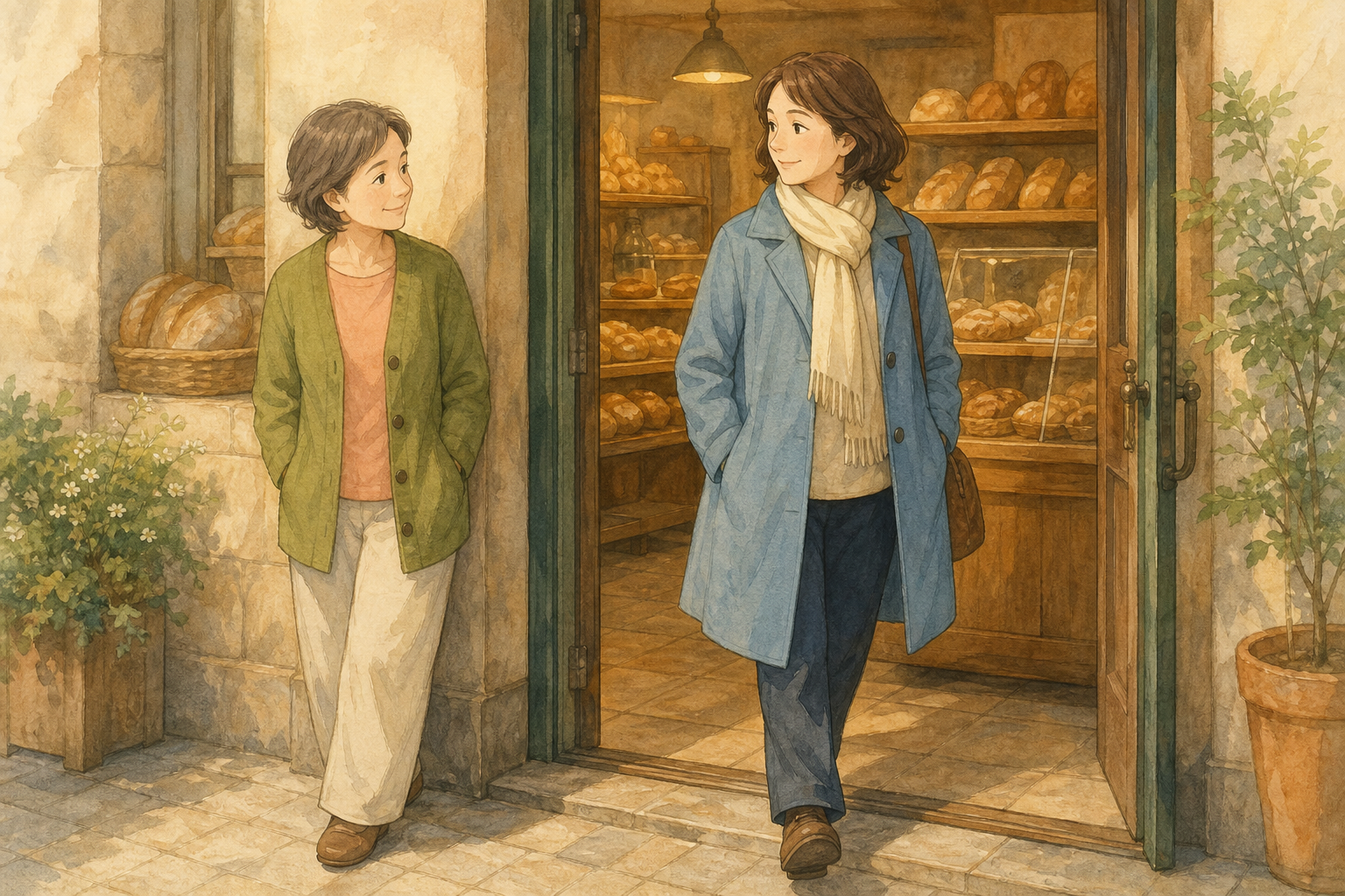 At a bakery doorway, one customer steps aside against the wall while another walks out through the clear passage.
