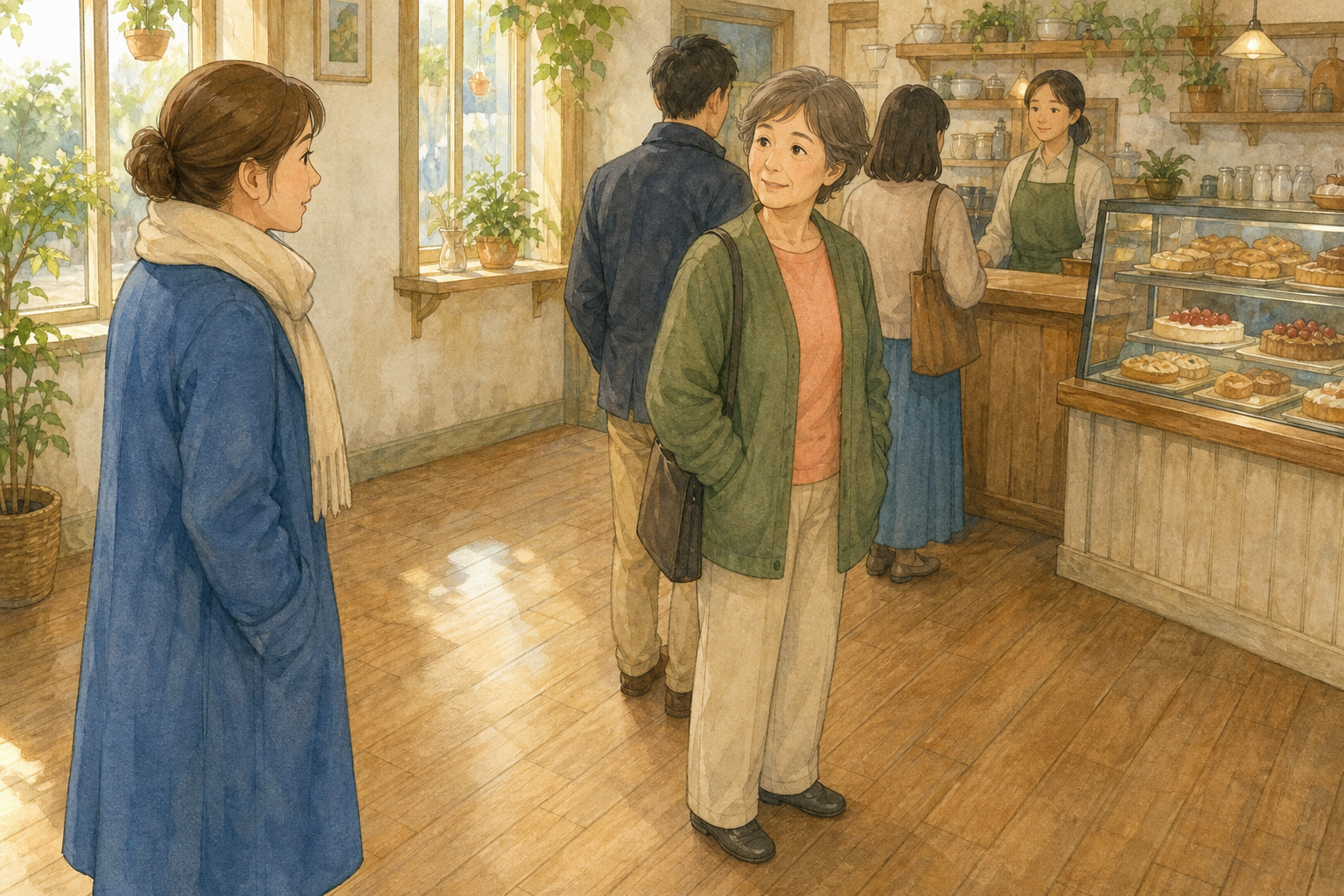 A newcomer asks the last customer in a cafe queue where to wait, with clear floor space behind them.
