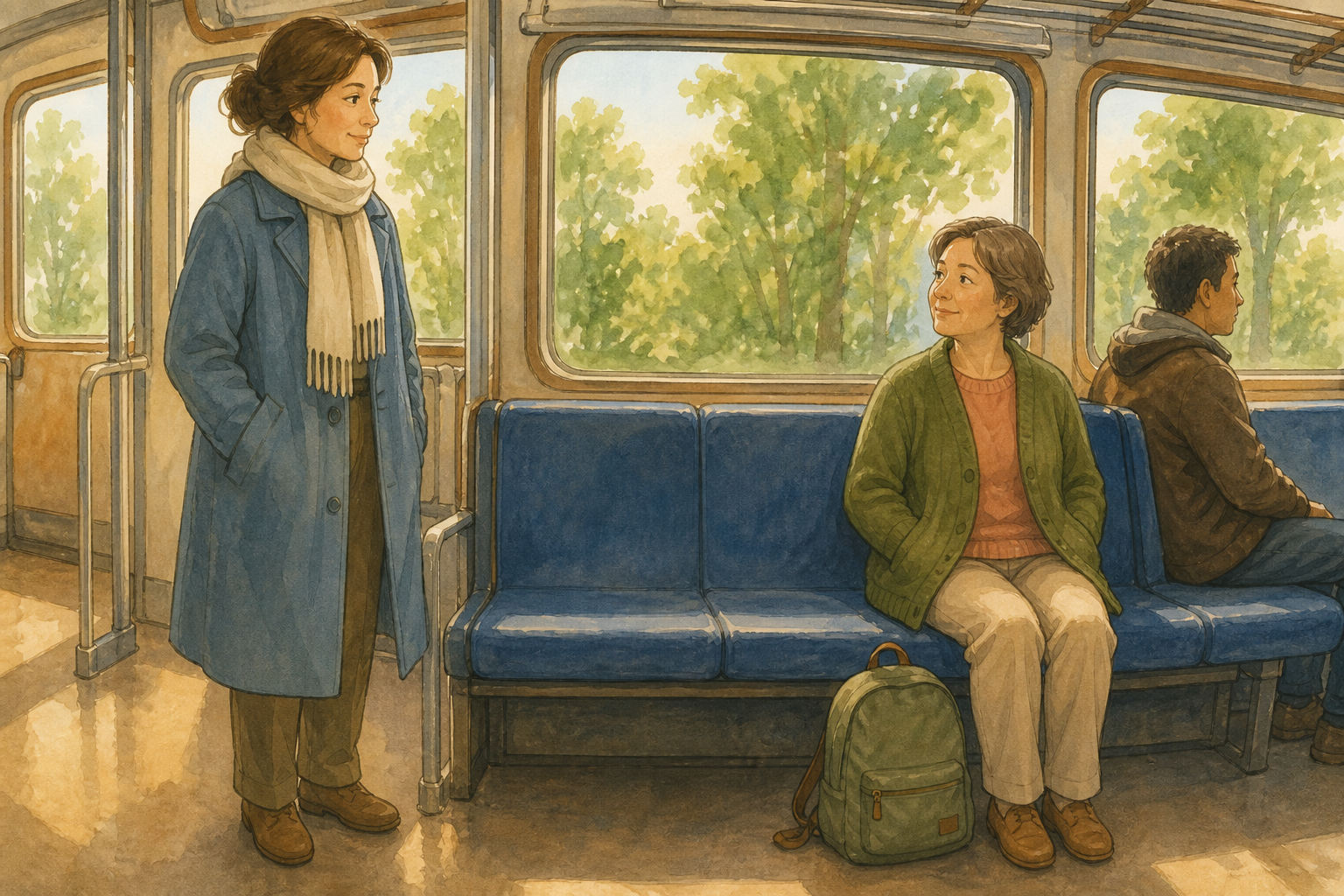 A standing passenger calmly asks for space on a train while a seated passenger keeps a backpack beside their feet.