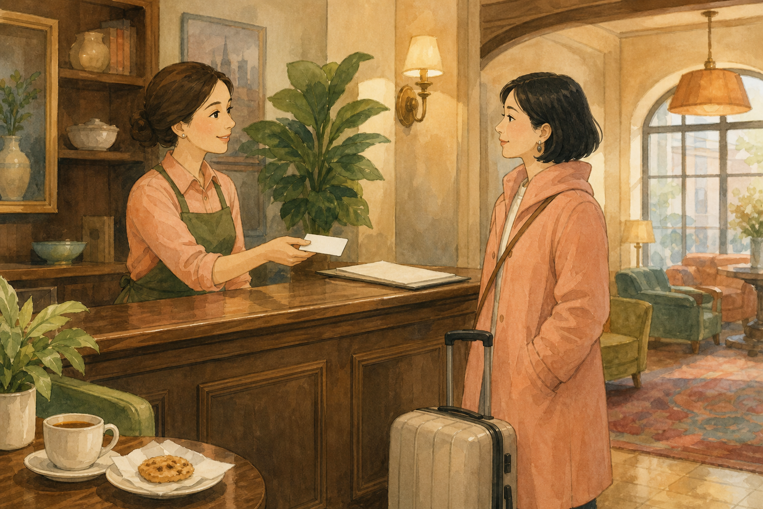 A hotel café receptionist hands a room key to a traveller beside coffee and a snack on the counter.