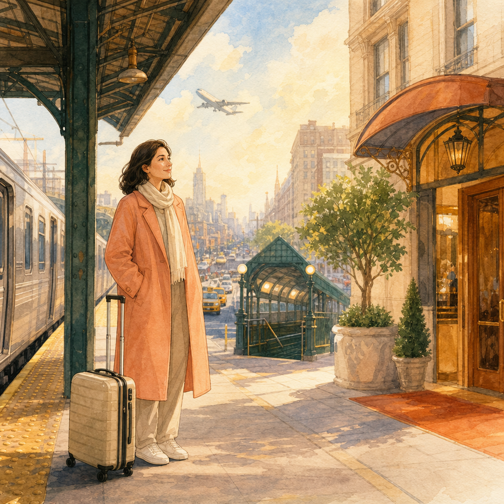 A traveller with a suitcase stands on a sunny platform near a train, a green subway entrance, and a warm hotel doorway in one continuous city scene.