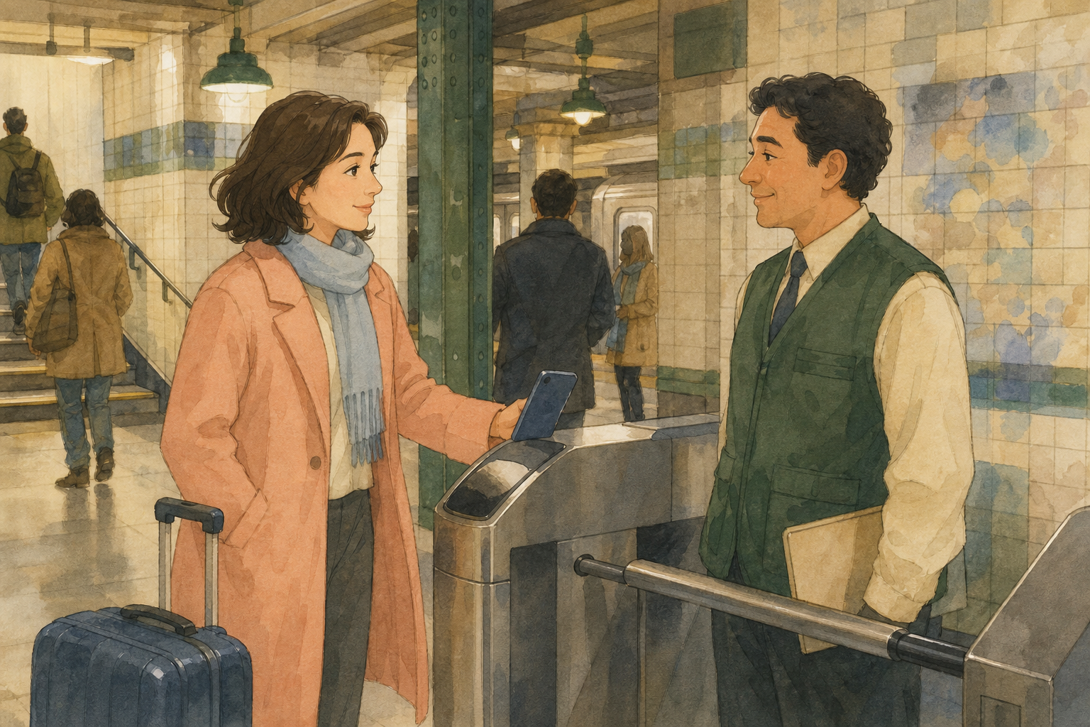A traveller taps a phone at a subway turnstile while speaking with a transit worker holding a folder.