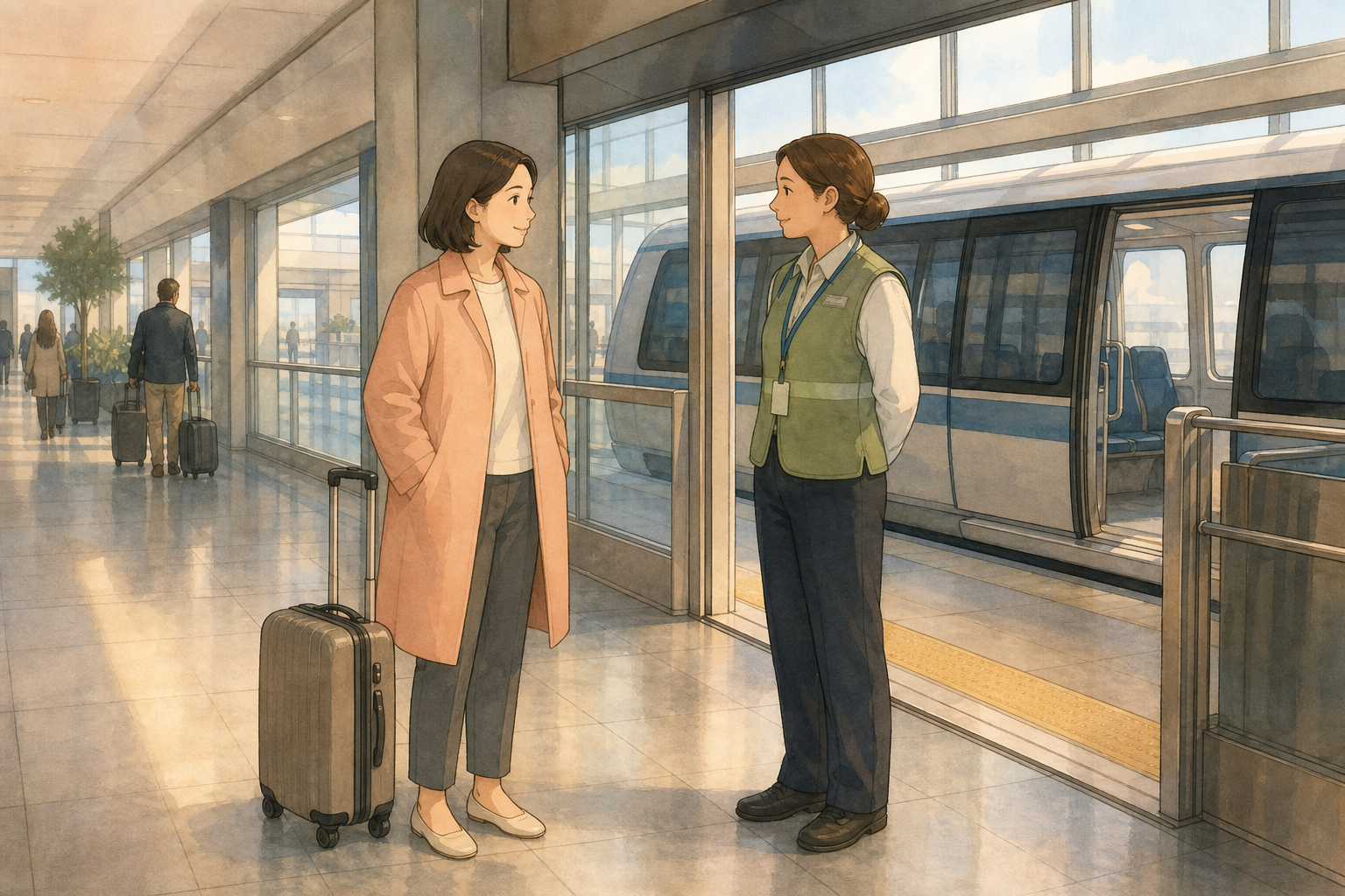 A traveller with luggage asks an airport worker in a green vest near an elevated AirTrain platform inside a bright terminal.
