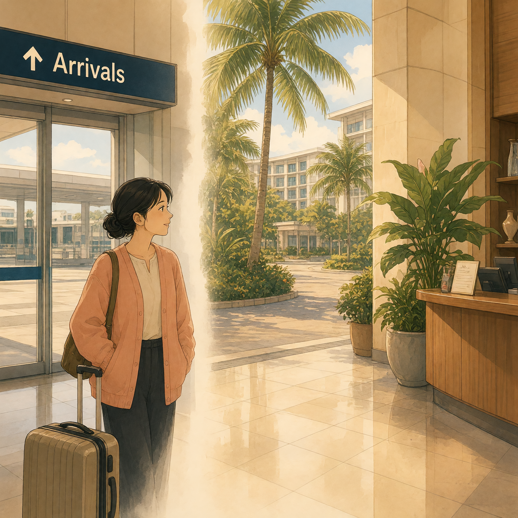 A traveler with a suitcase stands between a warm airport exit, palm-lined driveway, and a quiet hotel desk in one continuous island arrival scene.