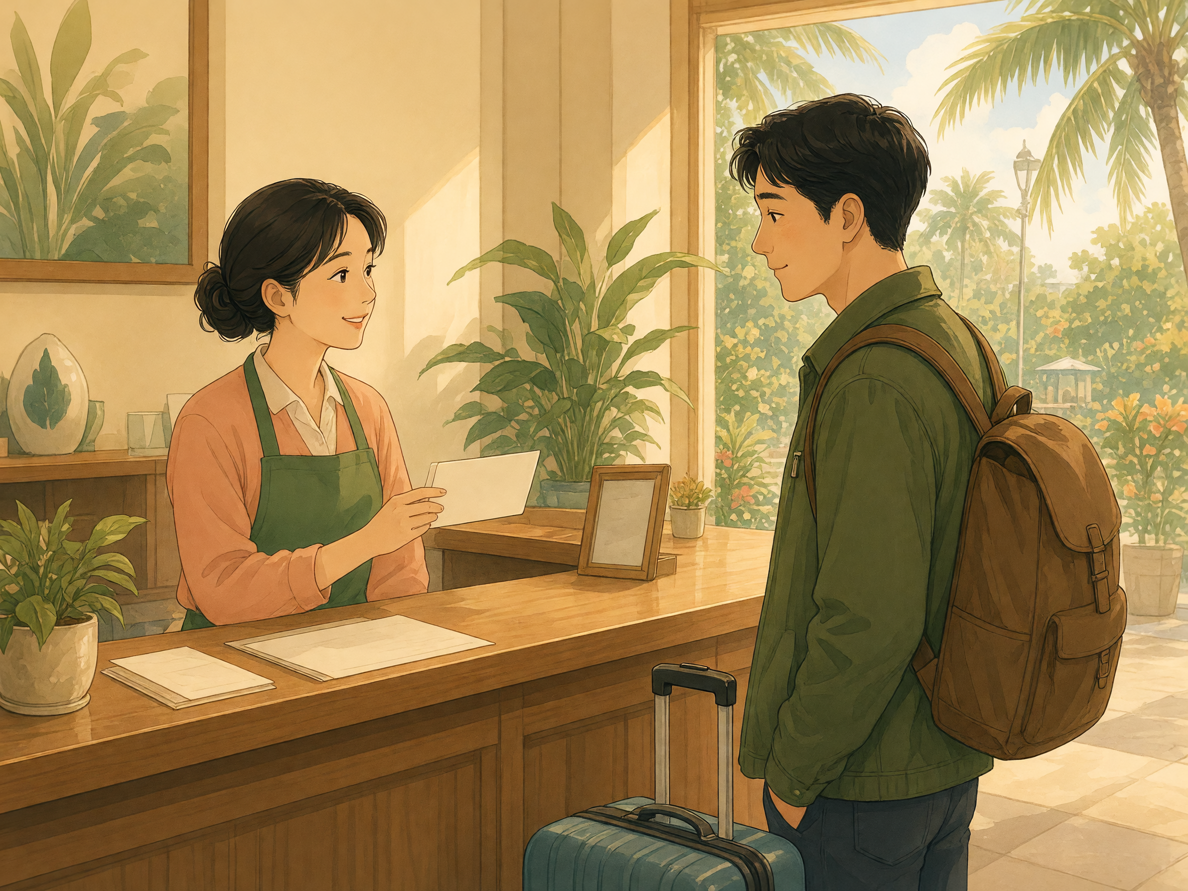 A hotel receptionist hands a blank key card to a traveler at a warm wooden reception desk.