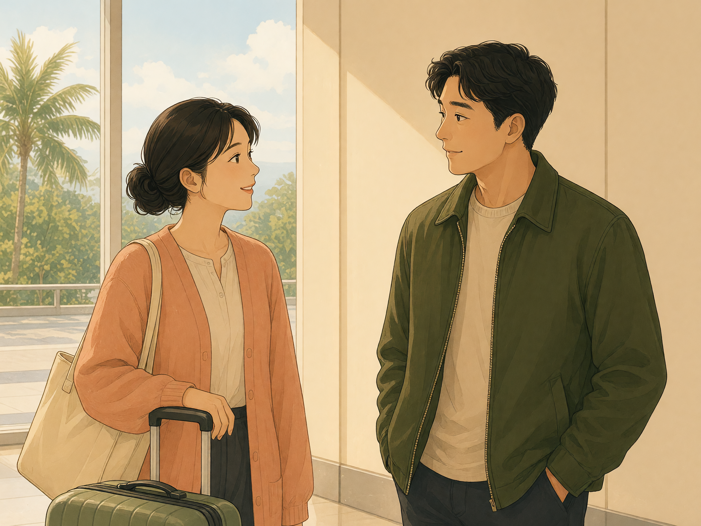 Two travelers with luggage talk near plain hotel telephones in a bright airport arrivals hall.
