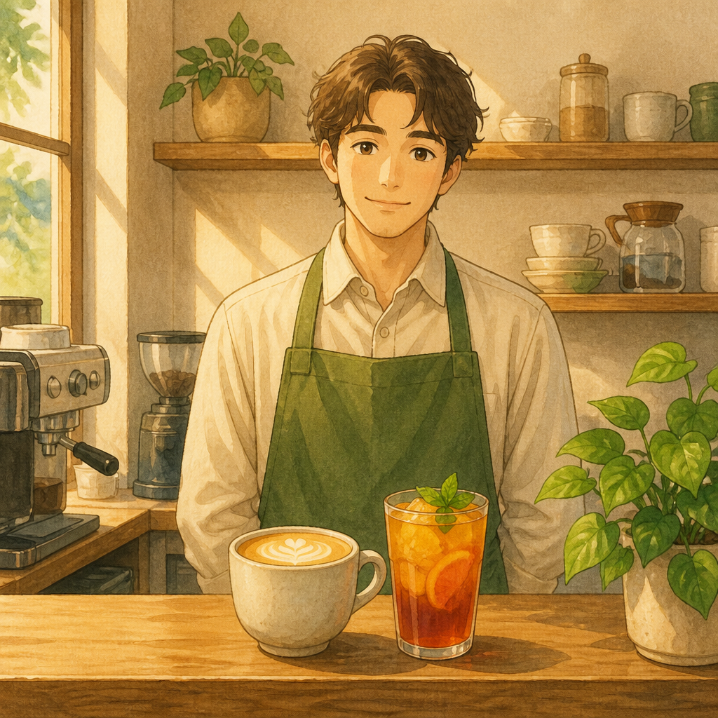 A cafe counter with a hot latte and a cold iced fruit tea. A barista waits behind the counter.