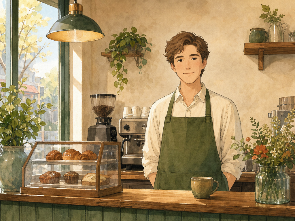 A cool morning in a small cafe. A barista stands ready at a wooden counter.