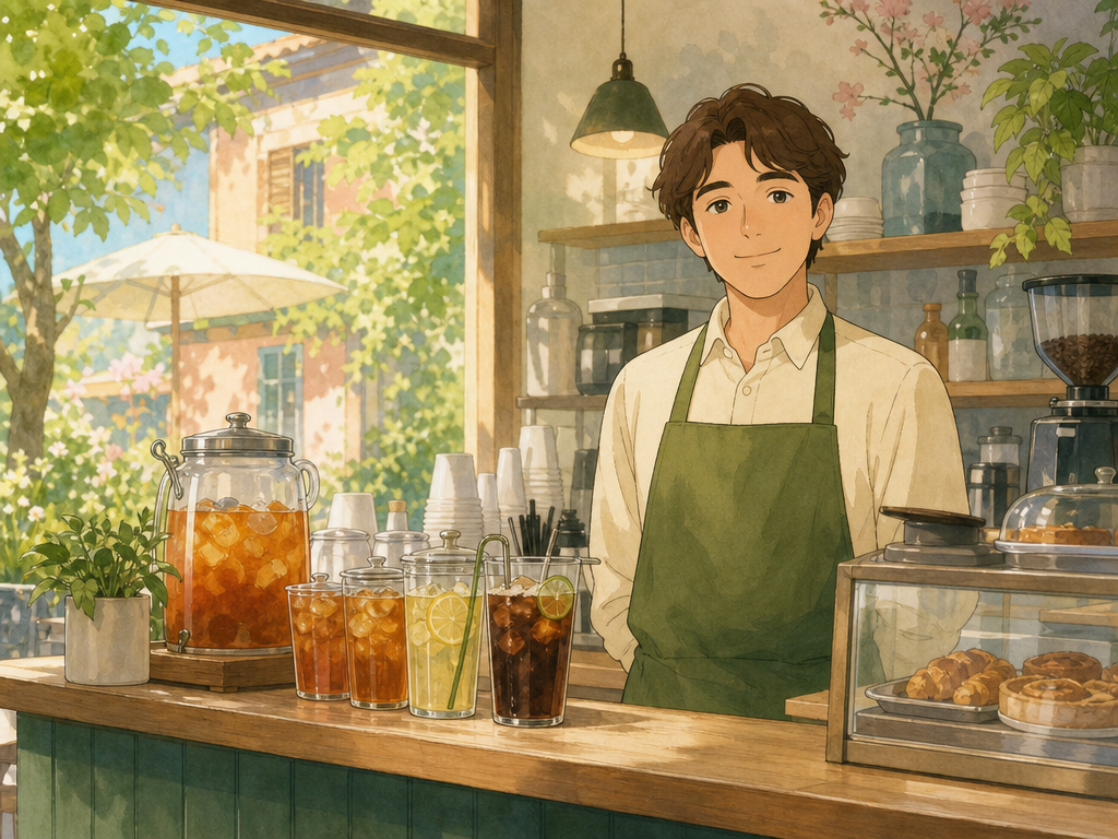 The same cafe on a hot afternoon. Cold drinks sit on the counter while the barista waits.