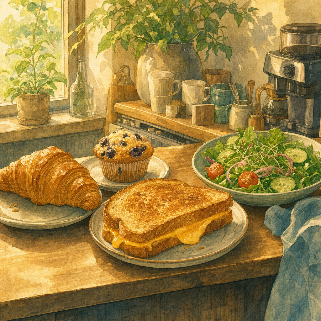 A cafe table shows a butter croissant, blueberry muffin, cheese toastie, and garden salad in soft daylight.