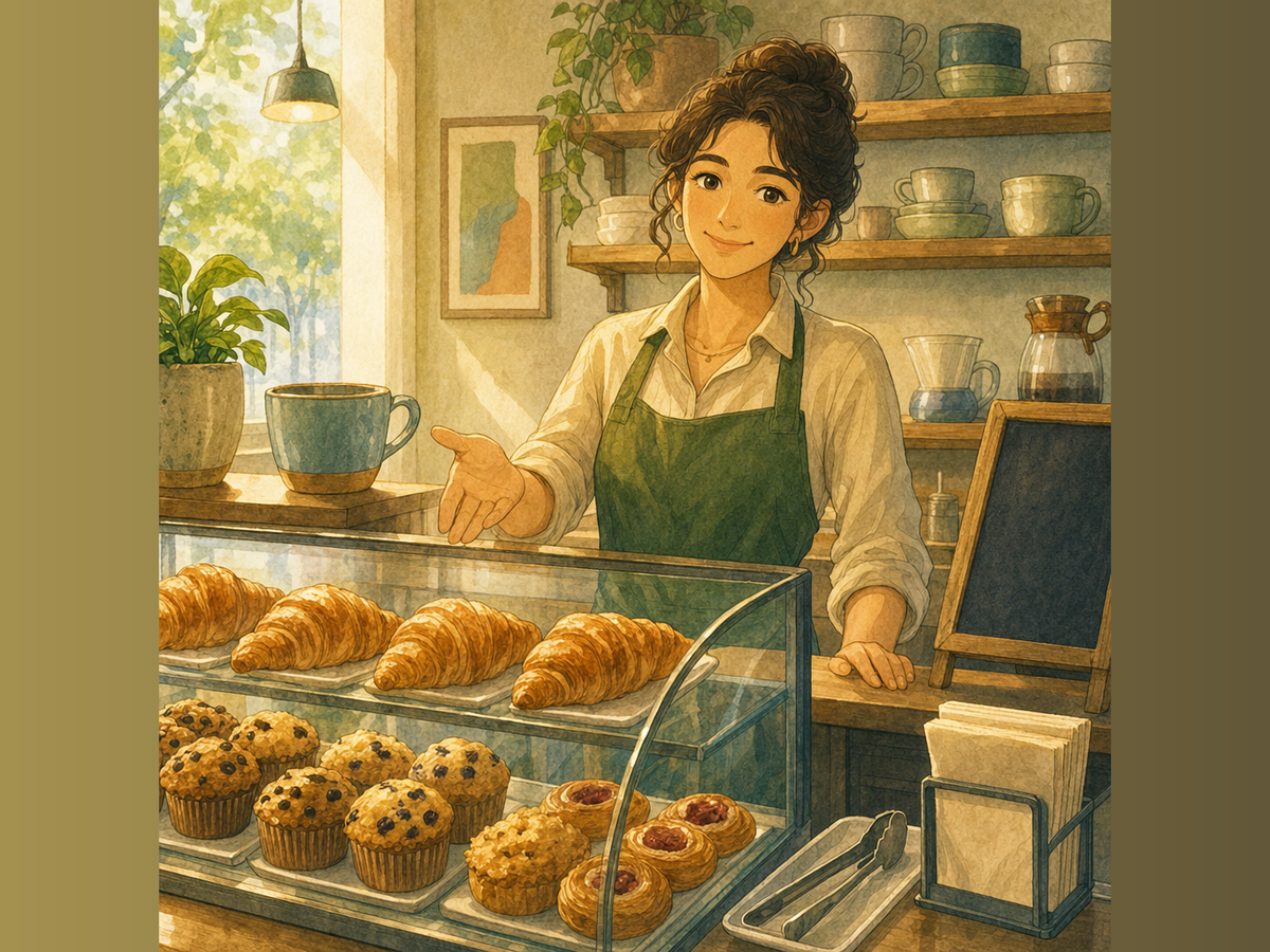 A smiling barista stands behind a glass case of croissants and muffins while greeting a morning customer.