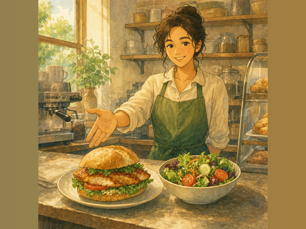 A barista presents a chicken sandwich and a fresh garden salad at an afternoon cafe counter.