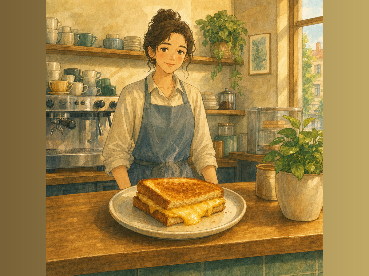 A barista presents a hot cheese toastie on a plate at a sunlit midday cafe counter.
