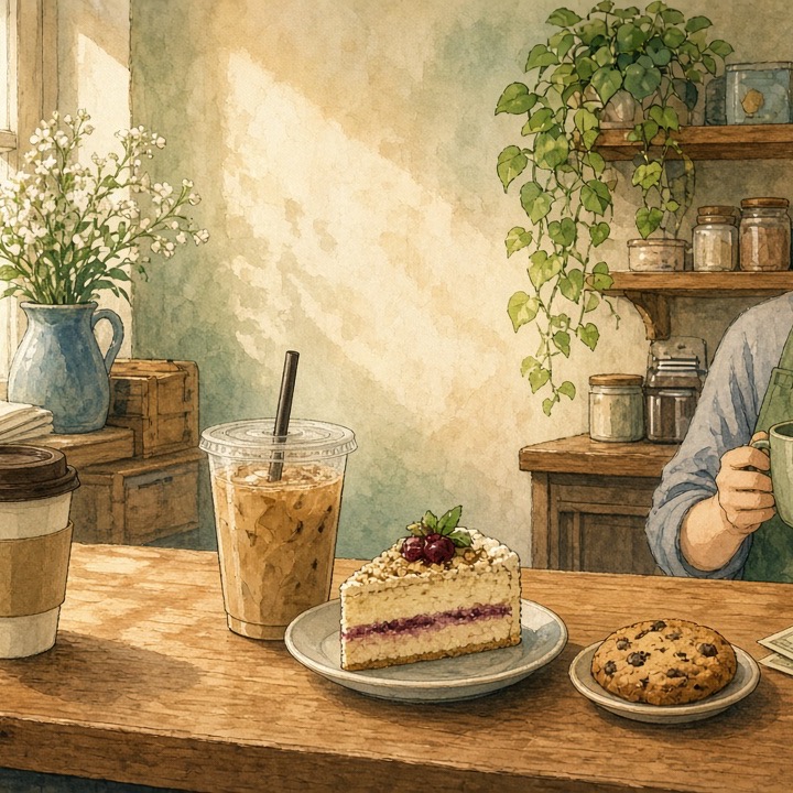 Cafe counter with hot and cold drinks, cake, cookie, cash, and a bank card under warm window light.