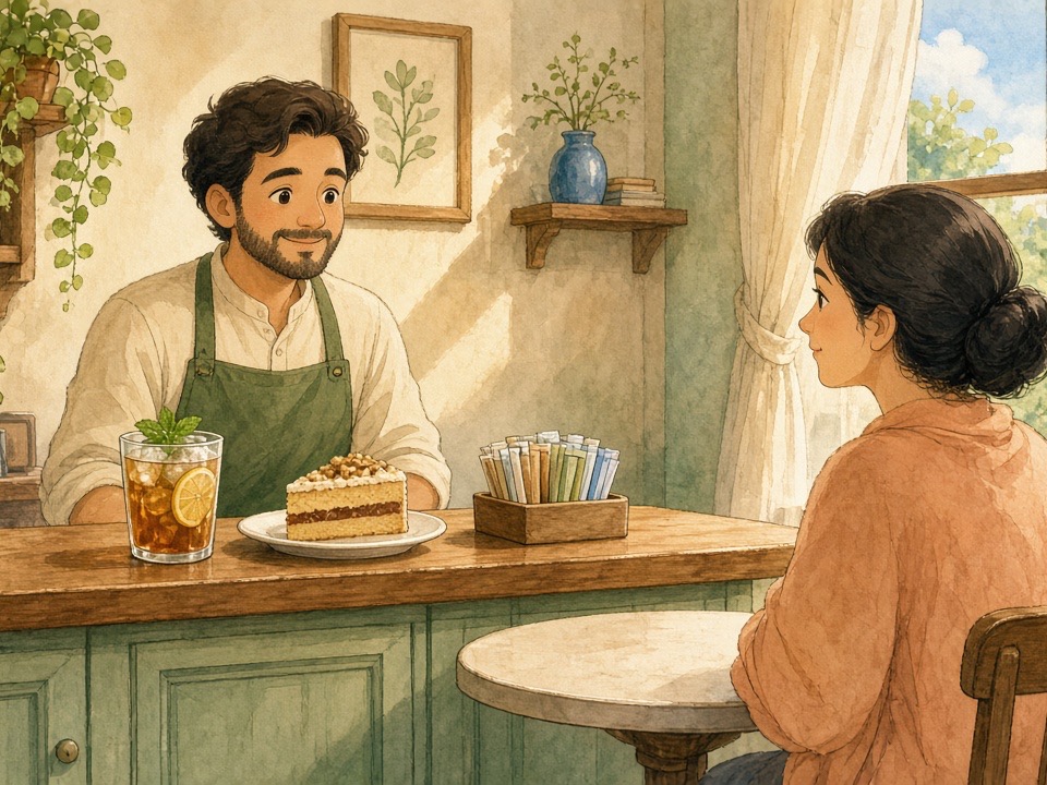 Barista Leo serves cold tea and cake; sugar sits separate beside a small table.