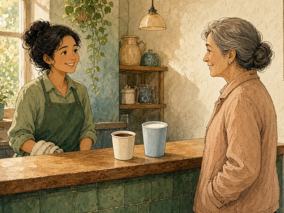 Barista Maya and a customer at the counter with a small cup and a large cup for hot coffee size choices.