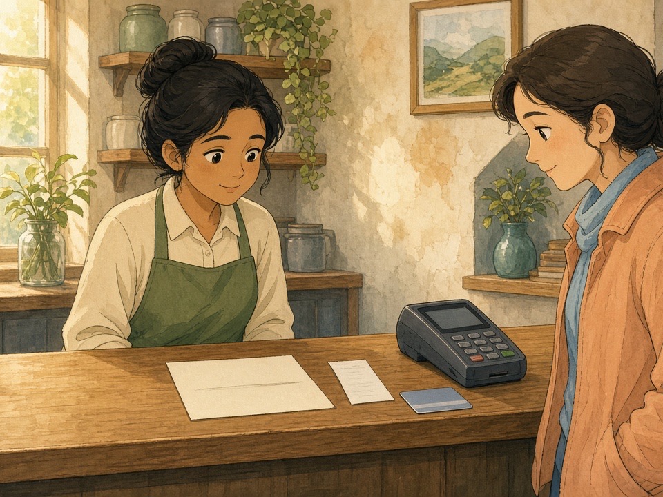 Maya and a customer fix a bill at the counter before paying by card.