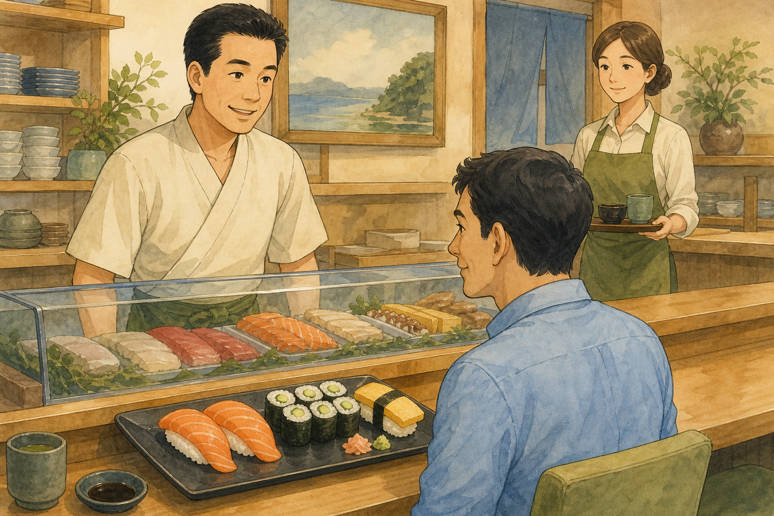 A customer speaks with Ken the sushi chef beside two salmon pieces, a cucumber roll, and egg sushi.