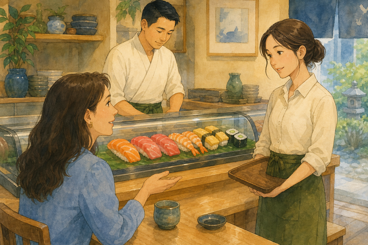 A customer speaks with Mira at a sushi counter showing salmon, tuna, shrimp, egg sushi, and a cucumber roll.