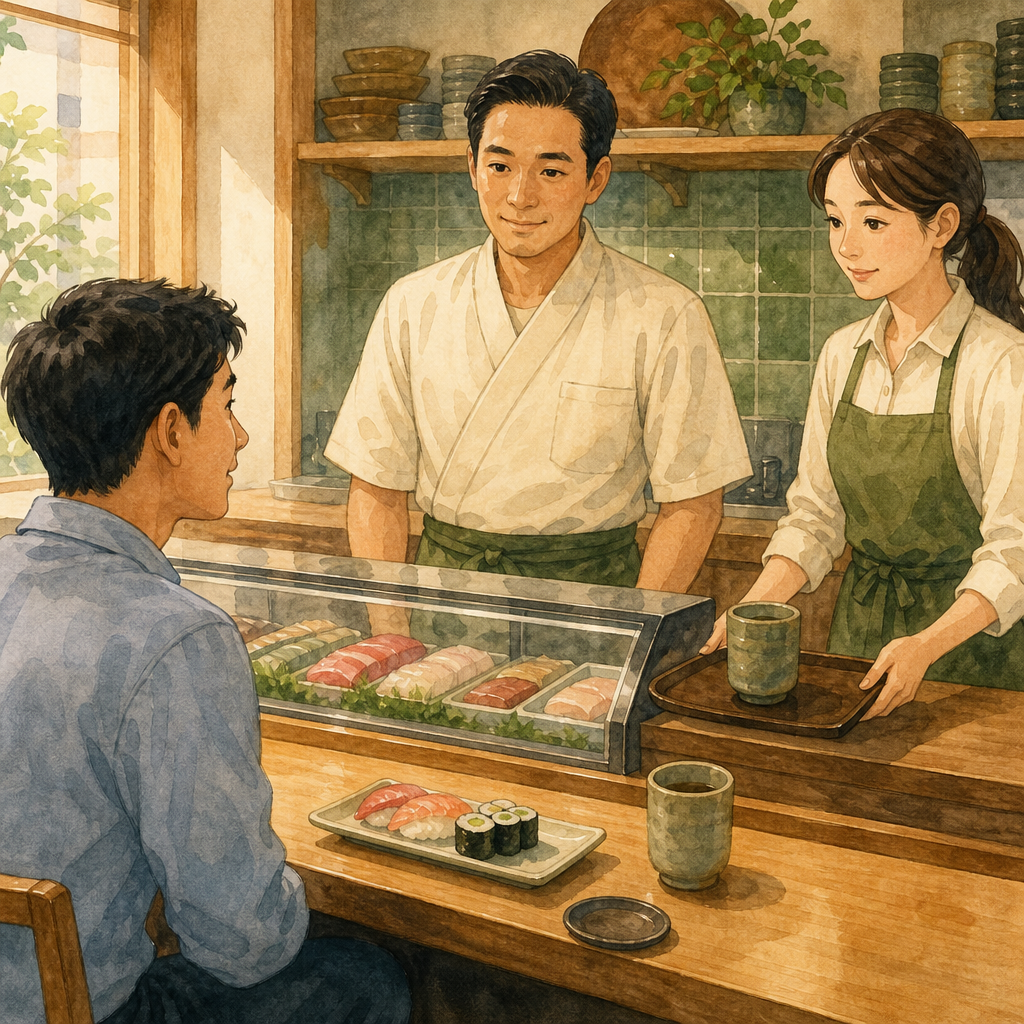 A sushi counter with a customer, server, plate of sushi, cucumber roll, and tea in soft daylight.