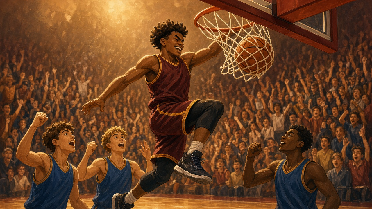 A basketball player in a red uniform jumps high and dunks the ball while teammates and a big crowd cheer.