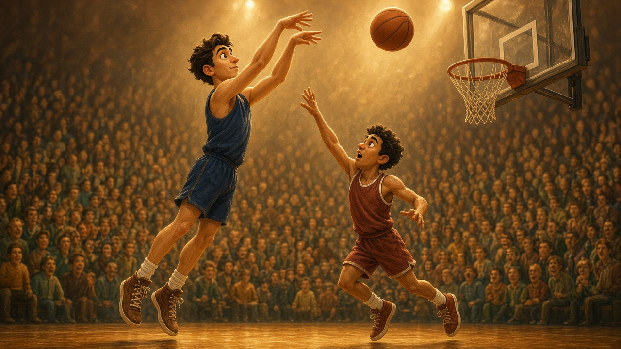 A tall player in a blue uniform takes a soft jump shot over a smaller defender near the basket.