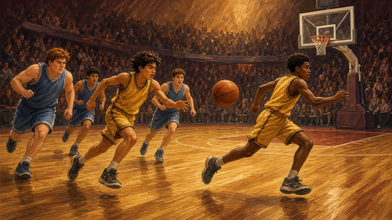 Players in yellow race down the court on a fast break while the other team runs back to defend.