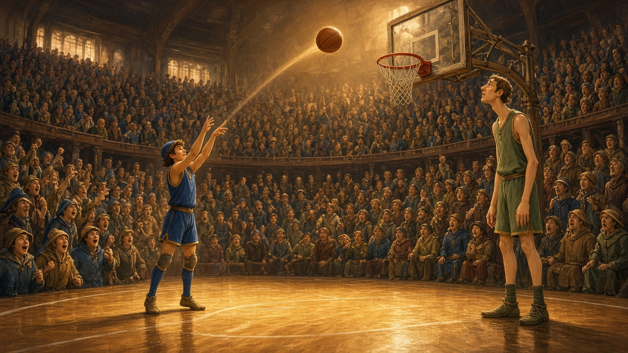 A player in blue shoots a long three-pointer from far away while a tall player watches the ball fly to the basket.