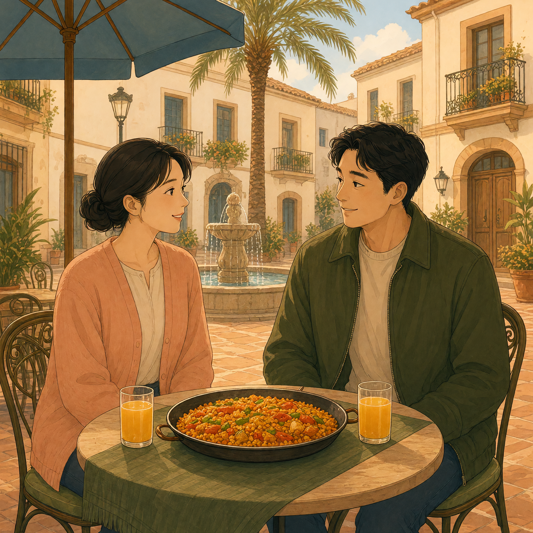 Two adult friends sit at a small cafe table in a sunny Spanish plaza with a stone fountain and a palm tree, sharing a wide pan of paella and two glasses of orange juice.