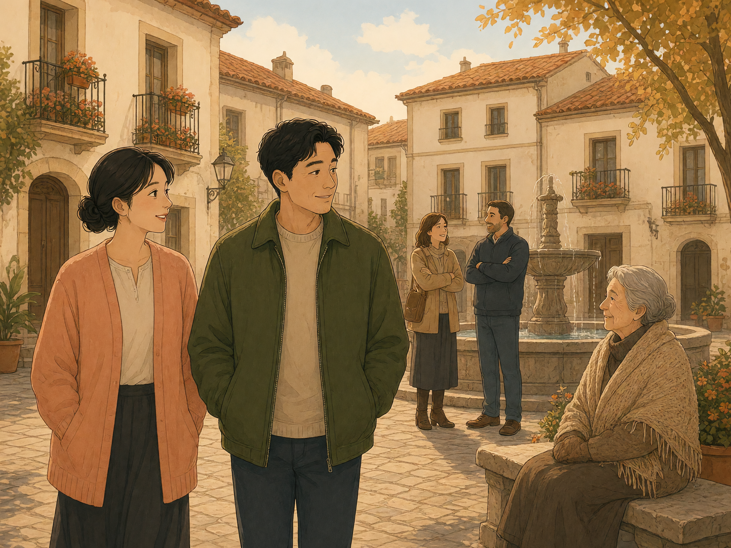 Everyday life in a Spanish town square: a couple strolls past cream buildings with iron balconies, two friends chat by a stone fountain, and an older woman in a shawl rests on a bench.
