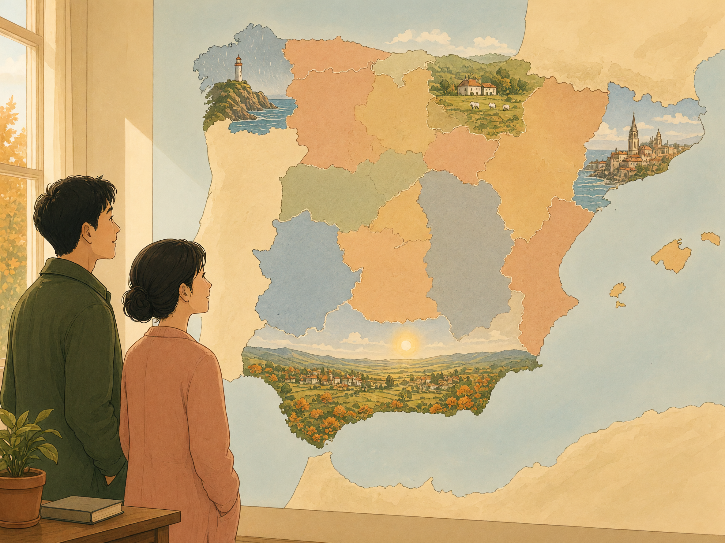 Two adult learners look at a large painted wall map of Spain divided into colored regions, with small pictures of a lighthouse in the north-west, green hills in the north, a seaside city in the north-east, and white villages across the south.