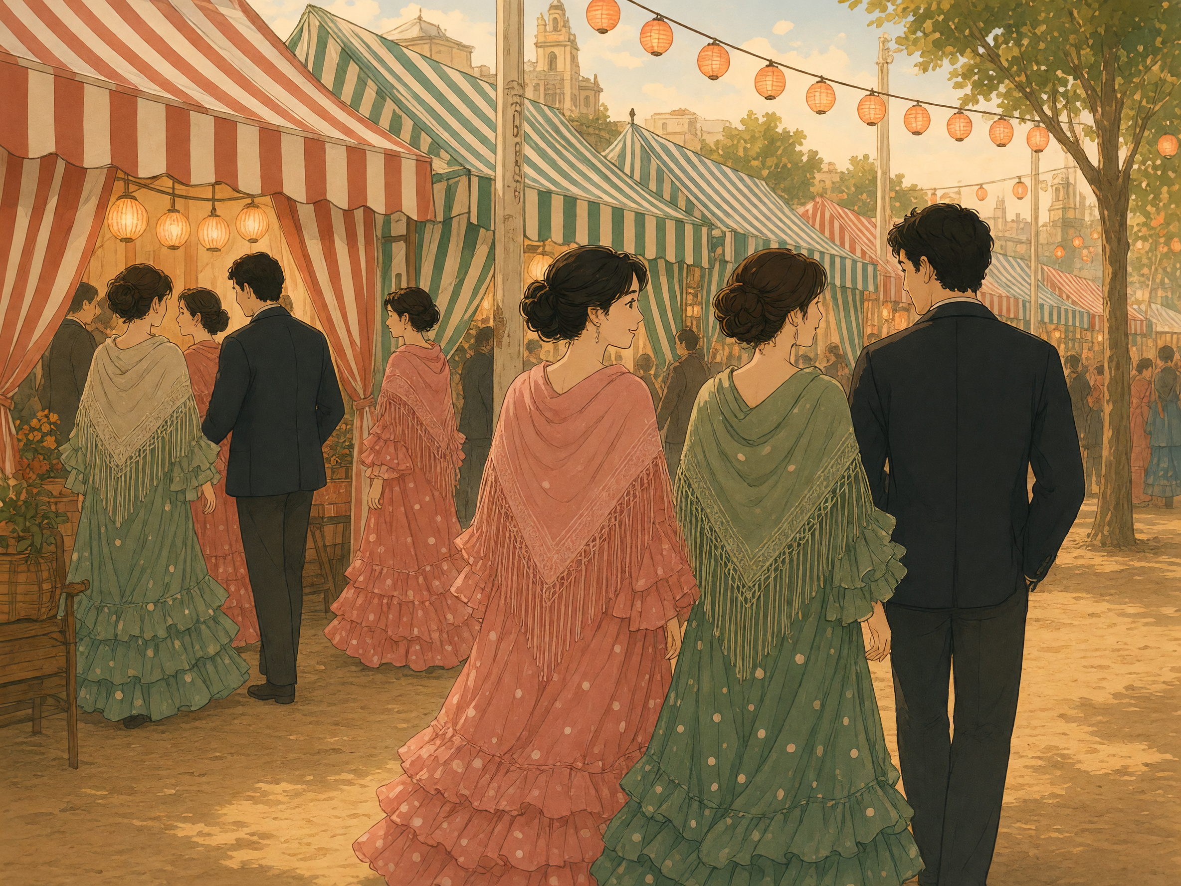 The Seville Fair at dusk: women in ruffled flamenco dresses and fringed shawls walk with a man in a dark jacket past striped casetas lit by lanterns.