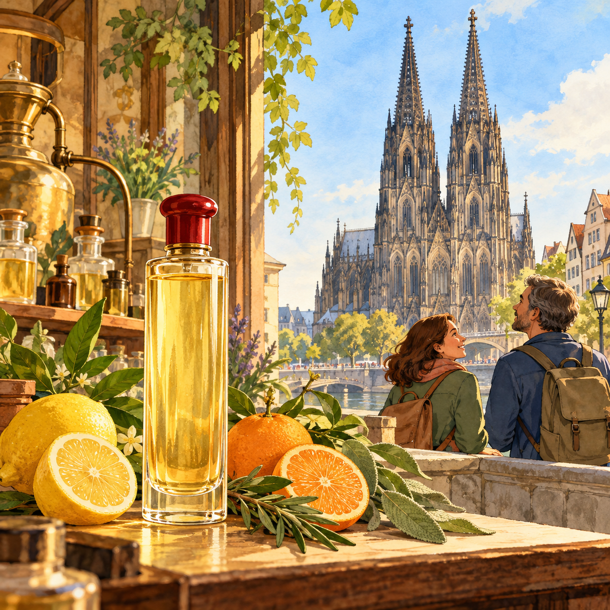 An unlabelled perfume bottle, lemons and oranges sit on a sunny workshop windowsill while two visitors look toward Cologne Cathedral's twin spires.
