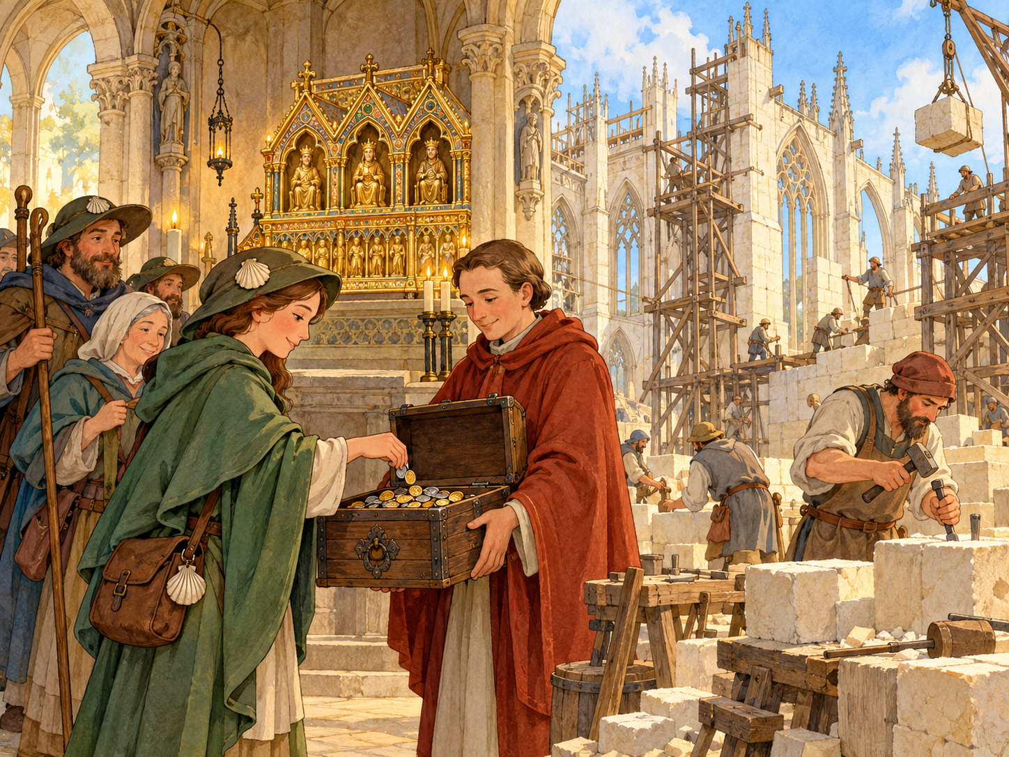 Pilgrims donate coins beside a golden shrine as masons carve and lay stone blocks for the cathedral under wooden scaffolding.