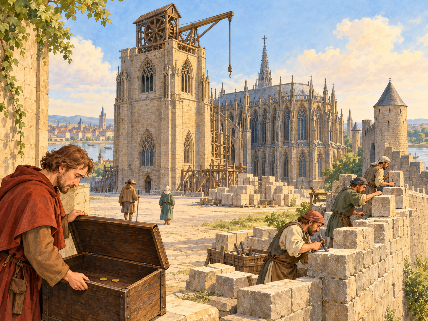 An attendant holds a chest containing two coins while sparse pilgrims pass an unfinished cathedral tower topped by a wooden crane and masons strengthen a city wall.