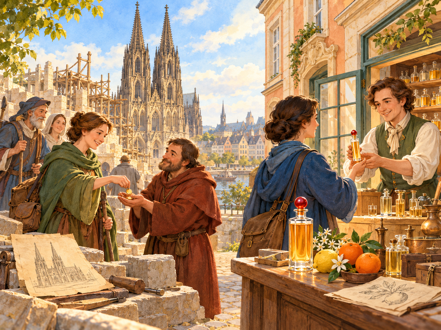 Paired scenes show pilgrims offering coins beside cathedral plans and a perfumer handing a bottle to a visitor, with Cologne Cathedral rising behind them.