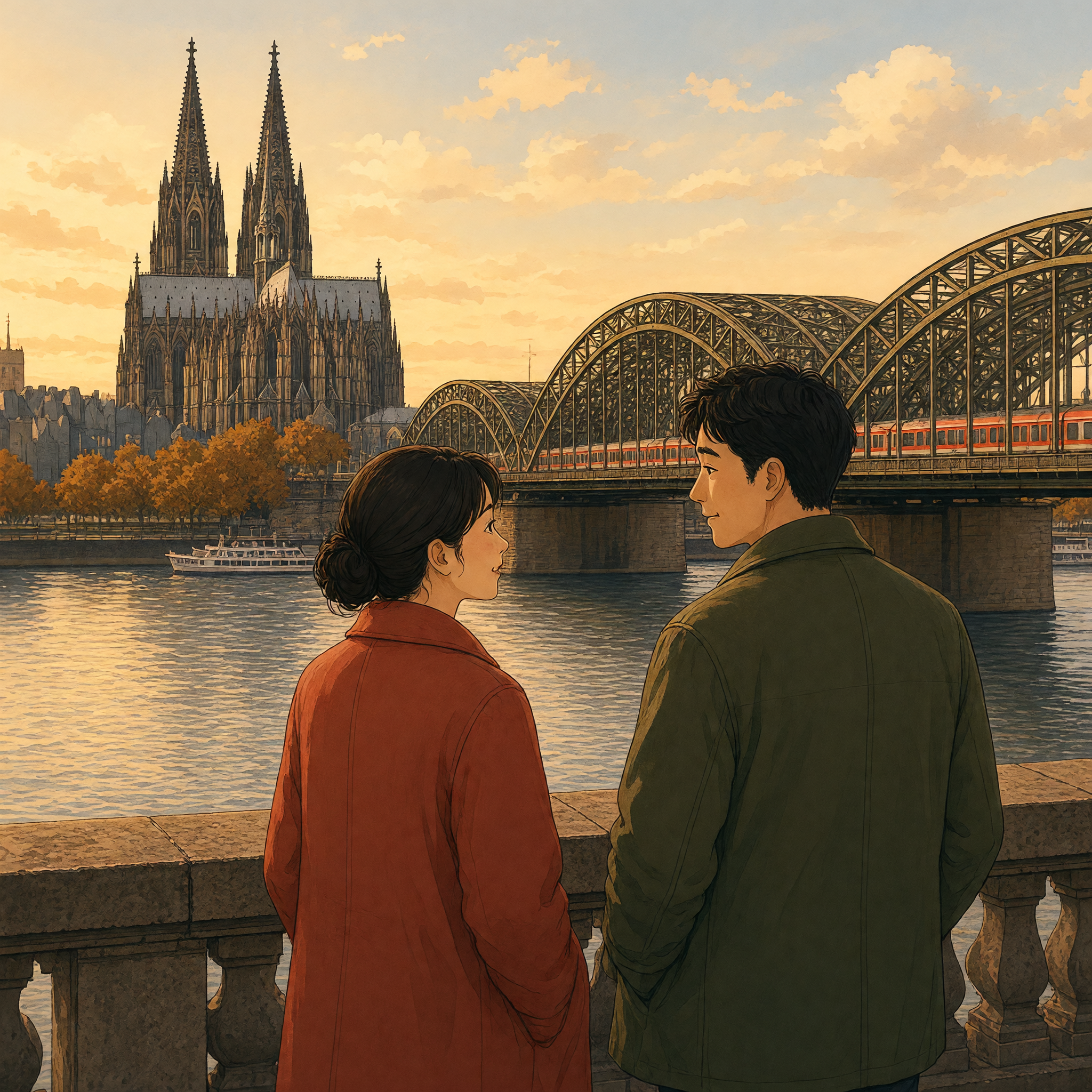 Golden late-afternoon light over the River Rhine with a storybook Gothic twin-spired cathedral and an arched iron railway bridge; a mature couple at a riverside railing looks across quietly.