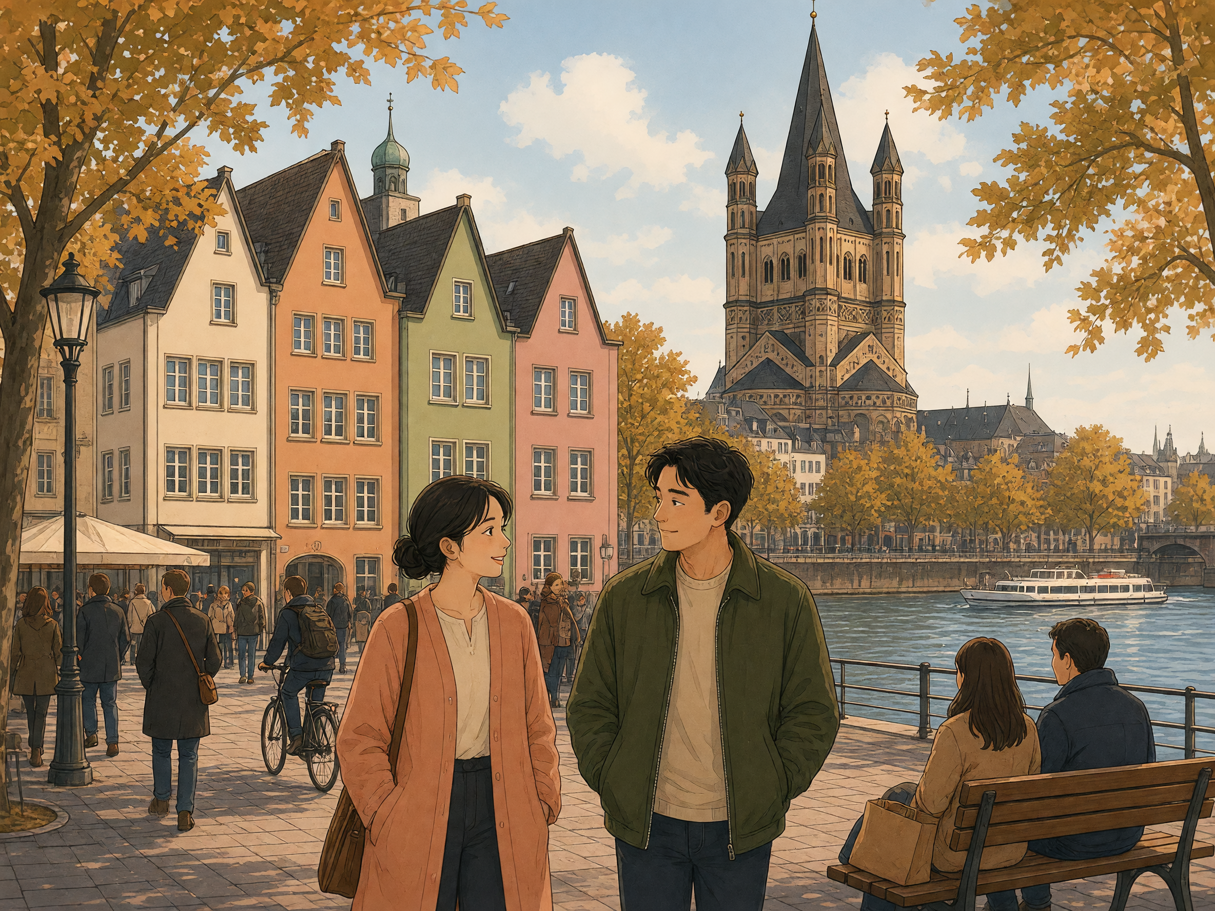 A bright Rhine Old Town riverside promenade with colourful gabled houses, a Romanesque church tower, a river boat, and people strolling by the water.