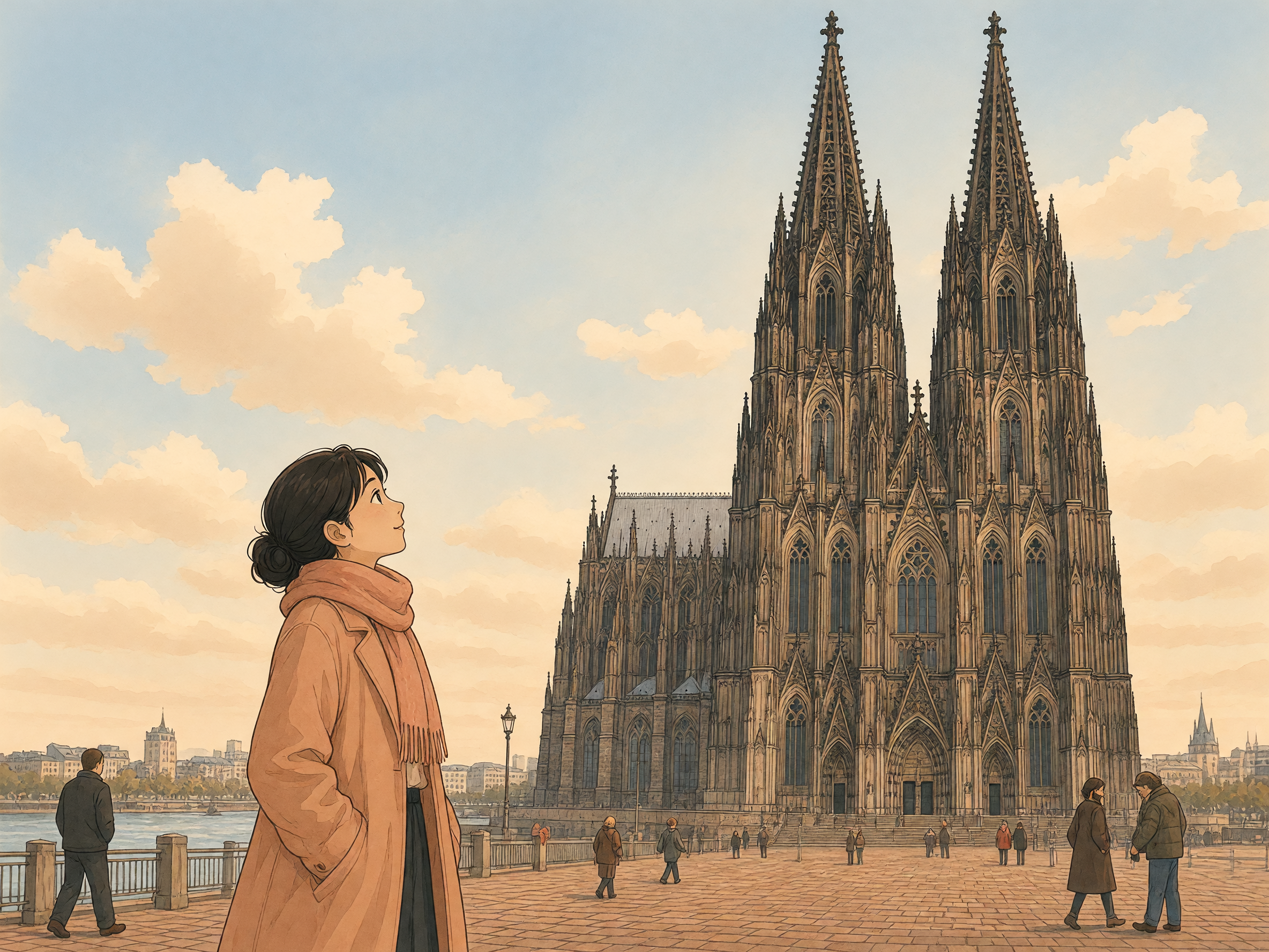 An enormous dark Gothic twin-spired cathedral fills the sky above a stone square while a small visitor in a peach coat looks up in wonder.