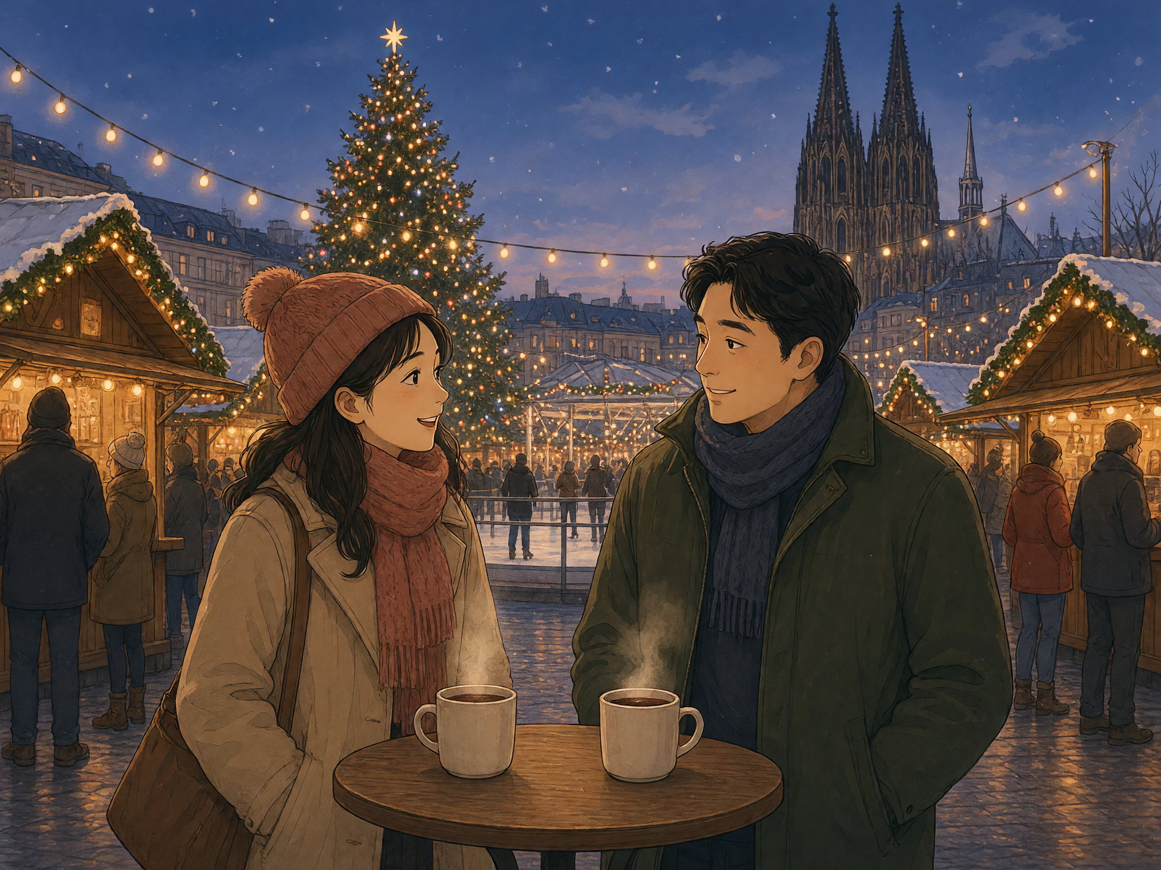 A cozy blue-hour Christmas market with wooden stalls, warm lights, and twin Gothic spires behind; two winter-coated friends stand by steaming mugs near a small ice rink.