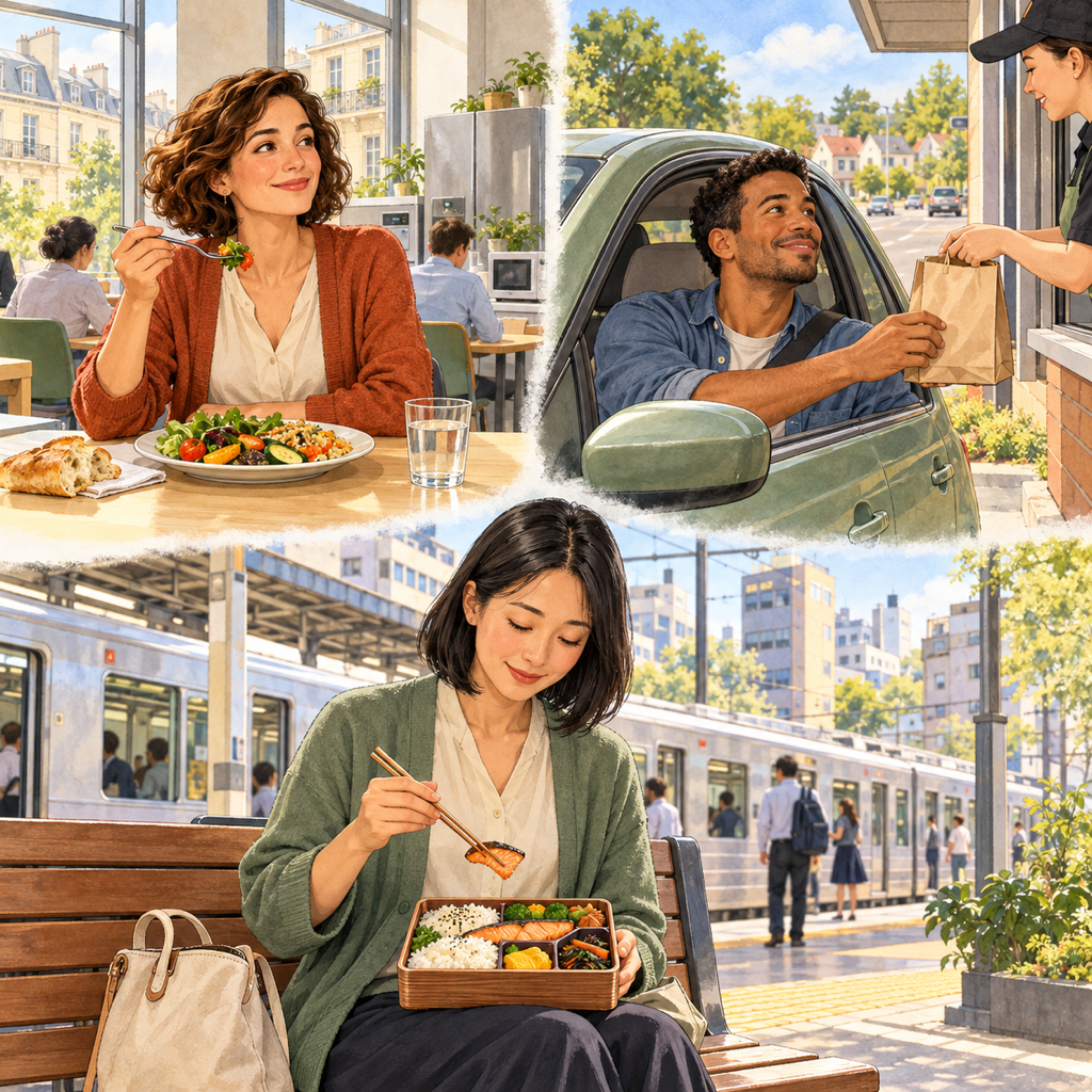 Three lunch scenes show a woman eating in a French workplace lunch room, a man collecting a takeaway bag at an American drive-through, and a woman eating bento beside a Japanese commuter train.