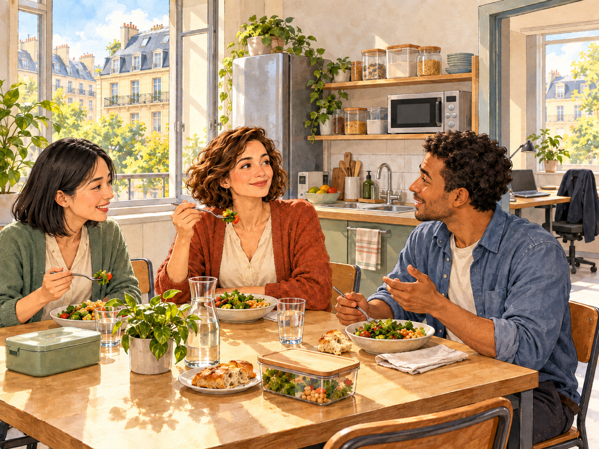 Three colleagues share salad, bread and water in a sunny French workplace lunch room with a fridge and microwave; a separate desk is visible through the doorway.