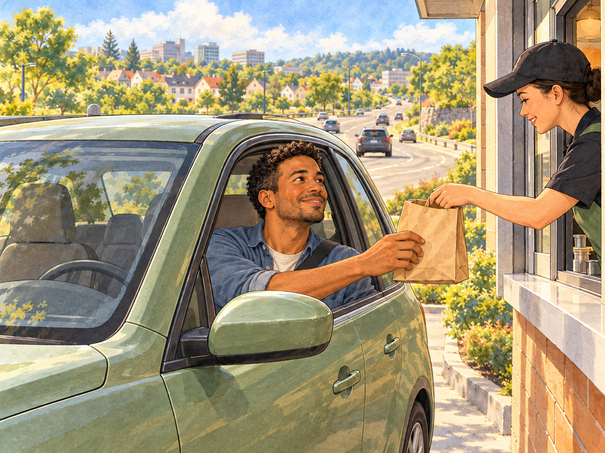 A worker hands a plain takeaway bag through a service window to a man in a stationary green car, with commuter traffic, houses and offices along the road behind him.
