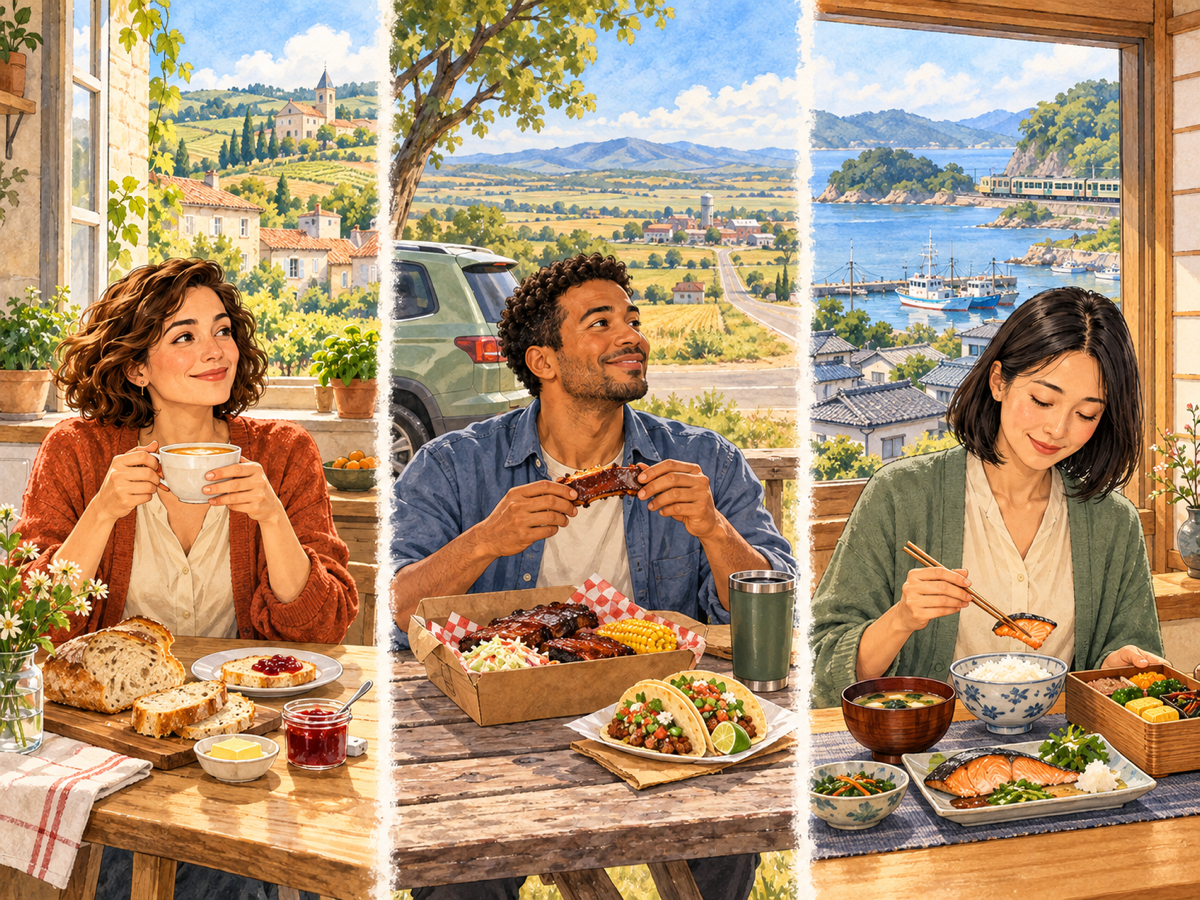 Three scenes pair bread, jam and coffee with French countryside, barbecue and tacos with an American road across open fields, and rice, soup and fish with a Japanese harbor and coastal train.